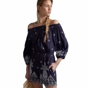 FARM Rio x Anthropologie Navy Blue Jackie Embroidered off Shoulder Romper Size M